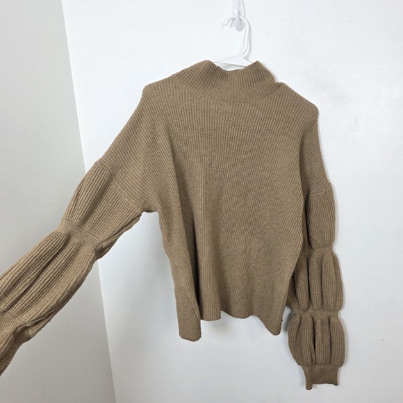Bohme Tan Ribbed Mock Neck Bubble Sleeve Cute Neutral Helena Sweater Size M - Picture 4 of 8
